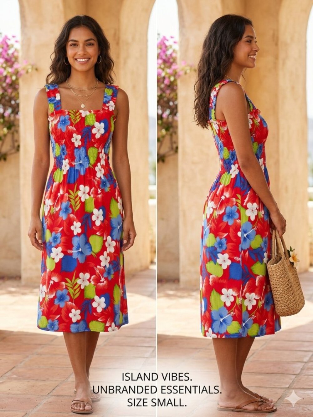 Unbranded Beach Vacation Floral Red Blue White Smoched Elastic Dress - Size Smal - Picture 1 of 5